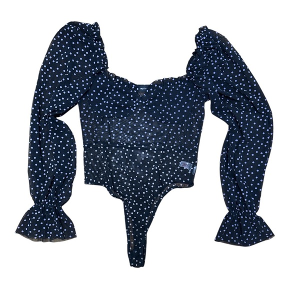 PrettyLittleThing Blue and White Puff Sleeve Bodysuit - Picture 1 of 5